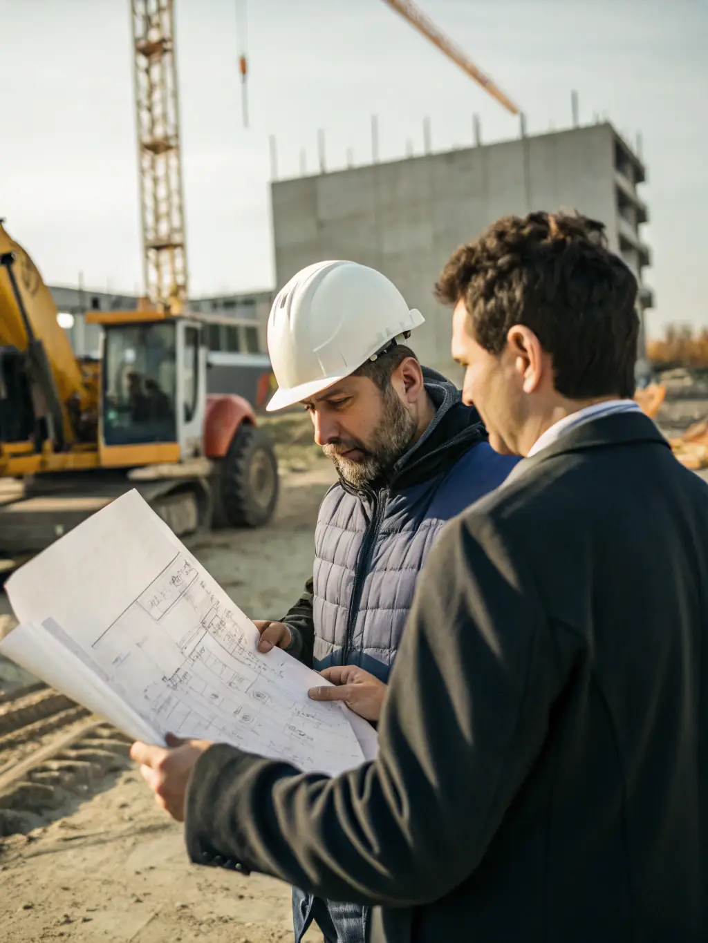 A construction site where a project manager is reviewing blueprints with a team, illustrating the comprehensive project management services offered.