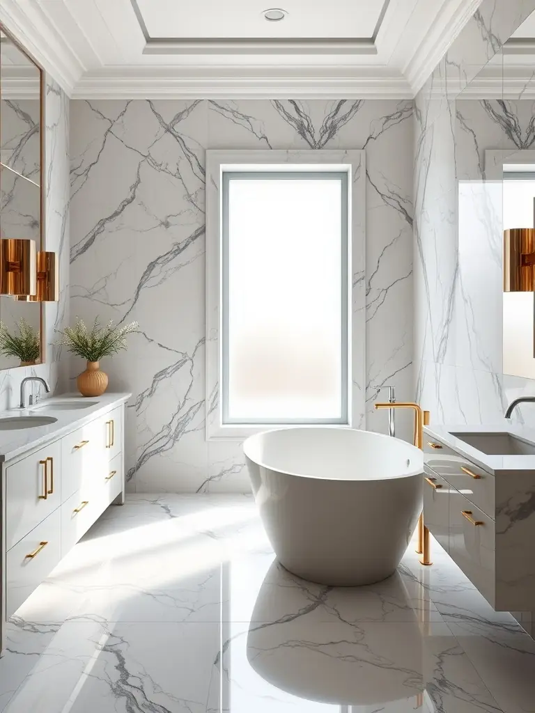 A luxurious bathroom with newly installed marble flooring, a freestanding tub, and modern fixtures, emphasizing the high-end quality of bathroom renovations.