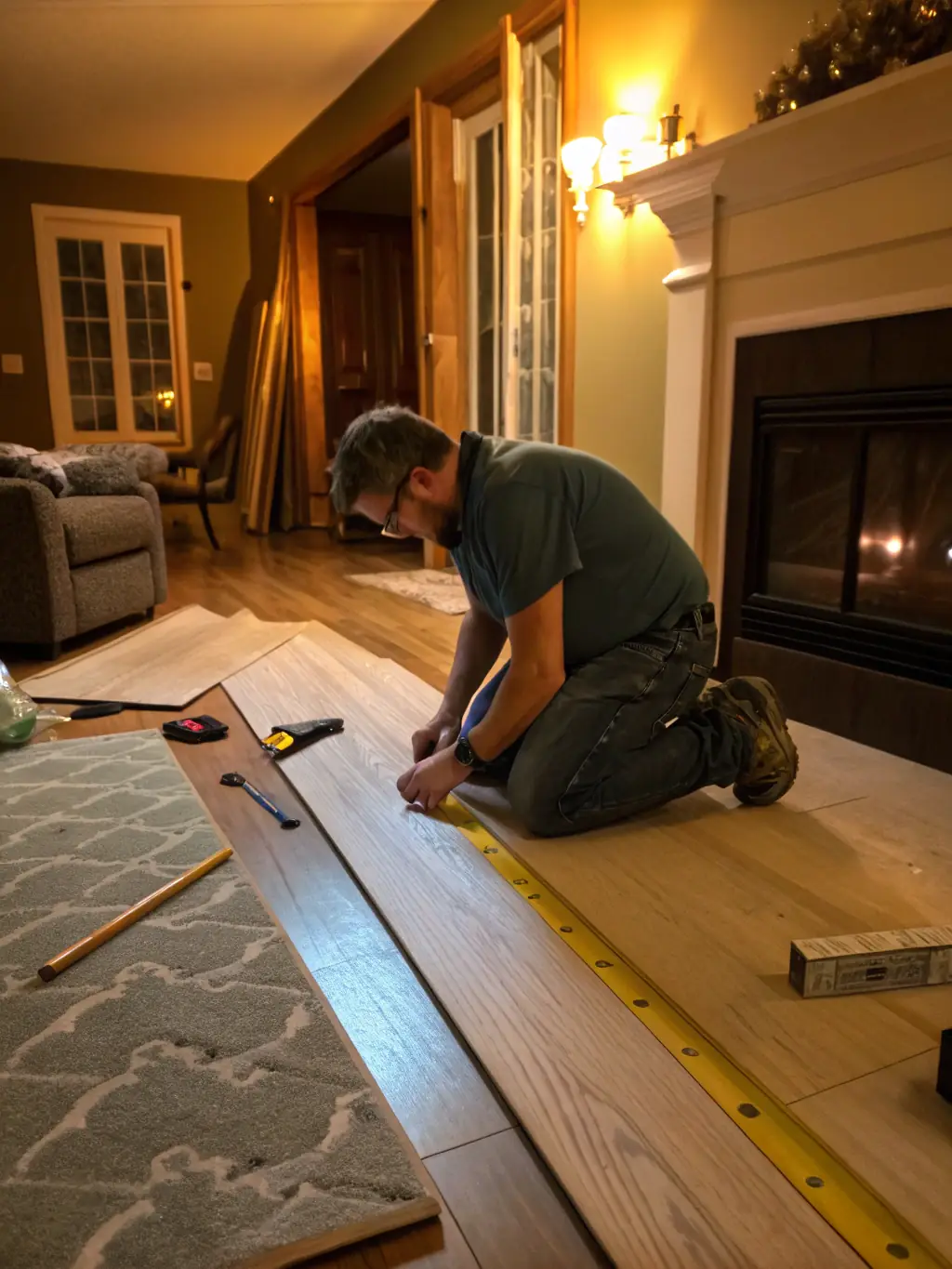 A high-angle shot of a craftsman meticulously installing hardwood flooring in a residential living room, showcasing the precision and care involved in the process.